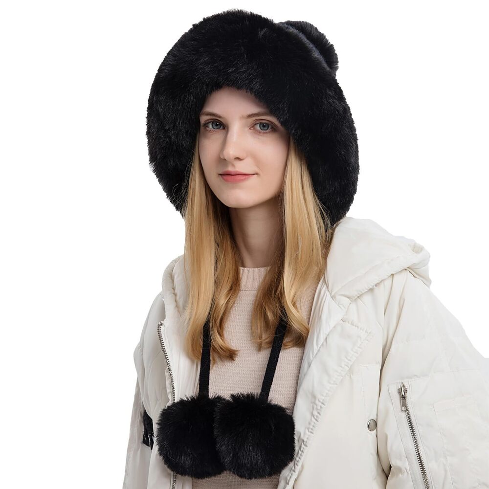 3136 Faux Fur Hat with Fluffy Pompom for Winter Fuzzy Knitted Beanies Skull